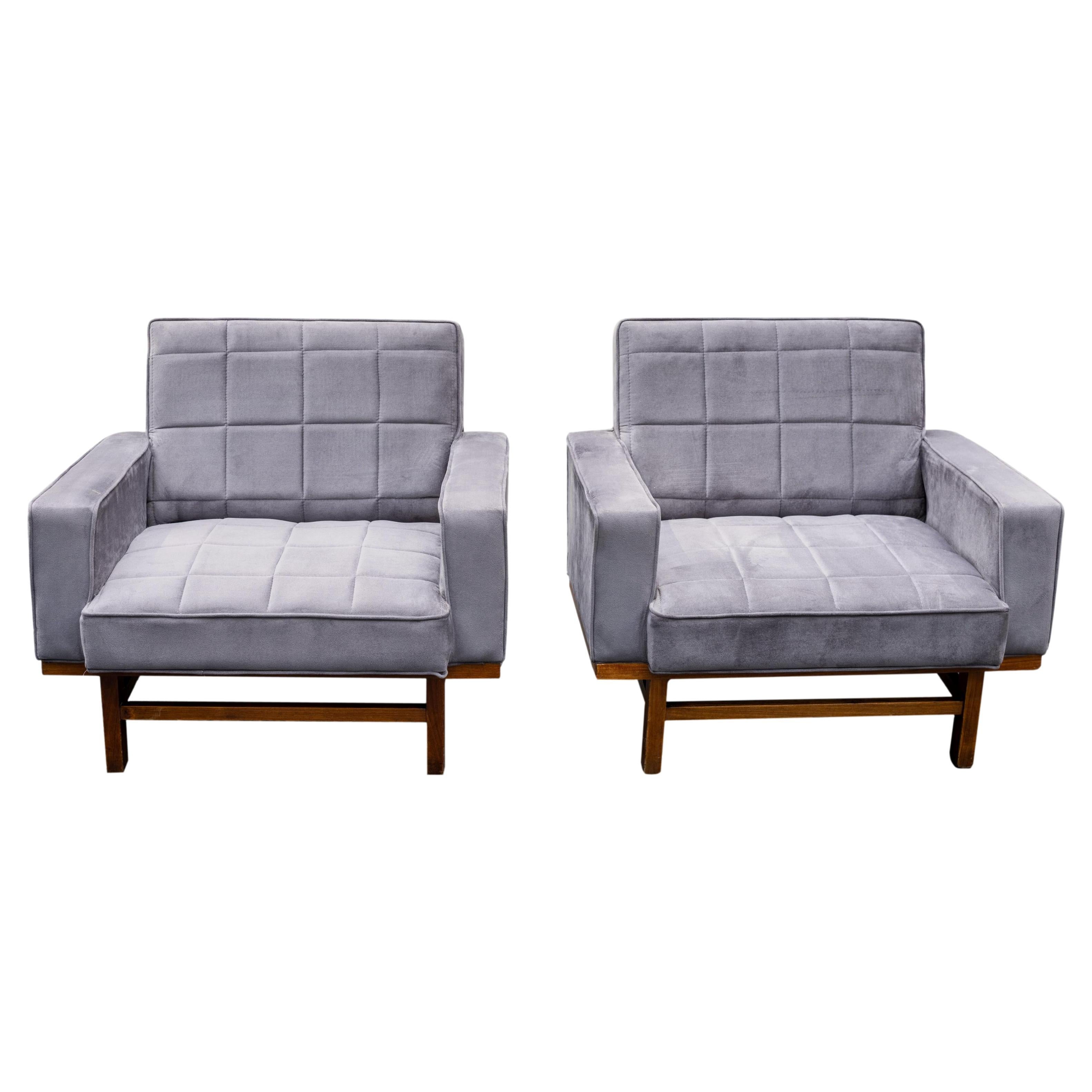 Pair of Mid-Century Modern Upholstered Walnut Lounge Chairs, Italian, ca. 1967