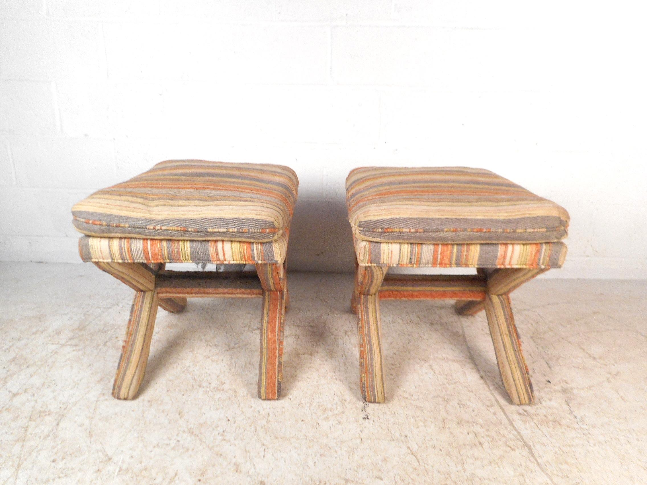 Late 20th Century Pair of Mid-Century Modern Upholstered X-Base Ottomans