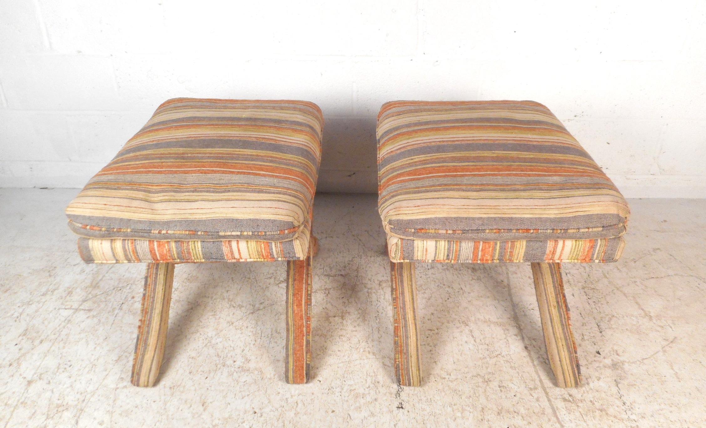 Upholstery Pair of Mid-Century Modern Upholstered X-Base Ottomans