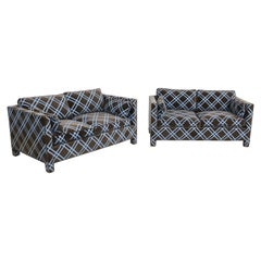 Pair of Mid-Century Modern Velvet Low Profile Milo Baughman Style Loveseat Sofas