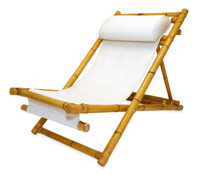 Pair of MidCentury Modern Vintage Bamboo and Linen Folding Lounge
