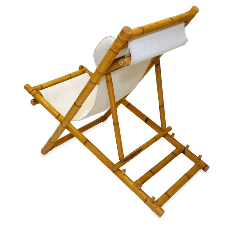 Pair of MidCentury Modern Vintage Bamboo and Linen Folding Lounge