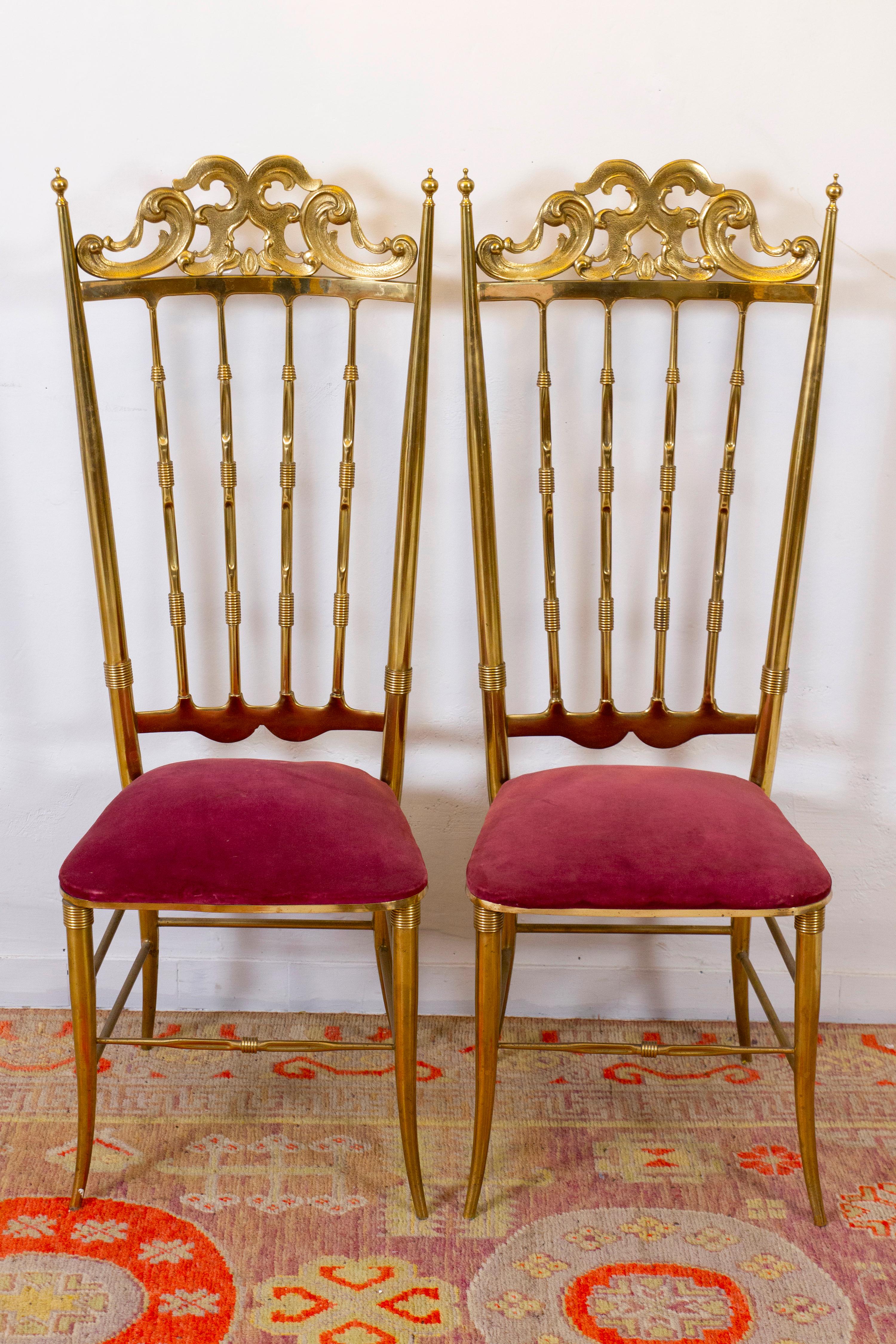 Pareja de sillas auxiliares de latón chiavari vintage modernas de mediados de siglo, años 50, Italia Moderno de mediados de siglo en venta