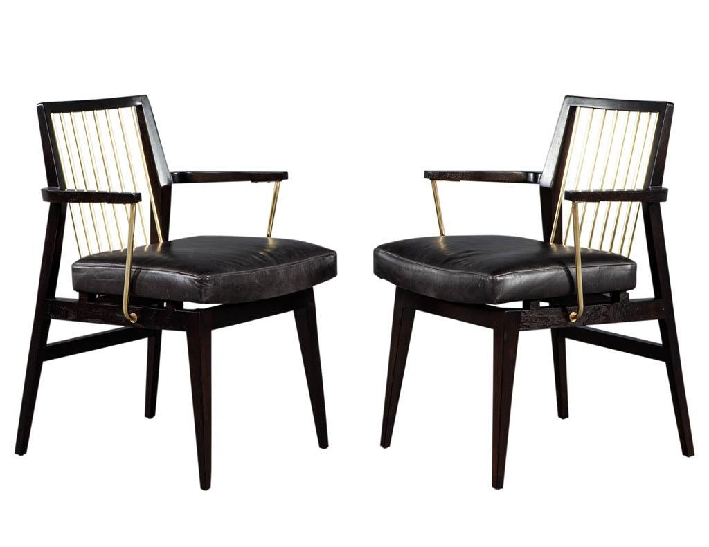American Pair of Mid-Century Modern Vintage Leather Arm Chairs with Brass Accents