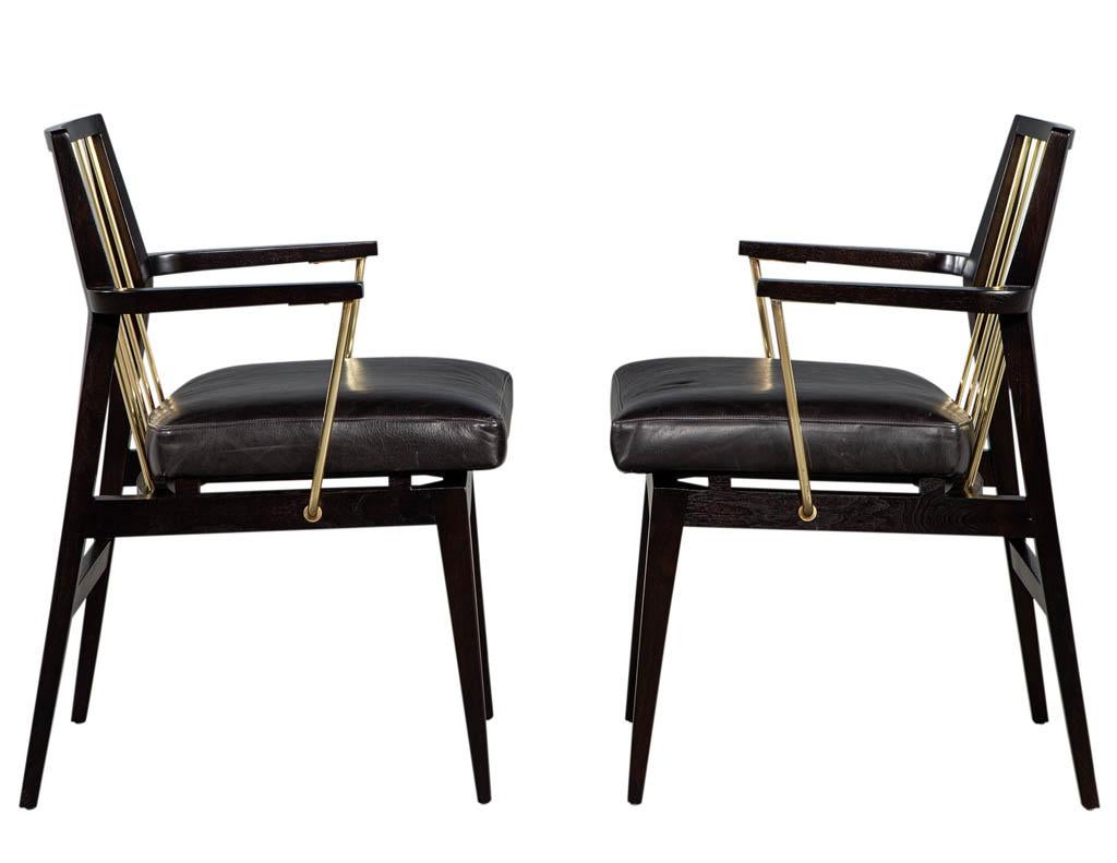 Pair of Mid-Century Modern Vintage Leather Arm Chairs with Brass Accents 1