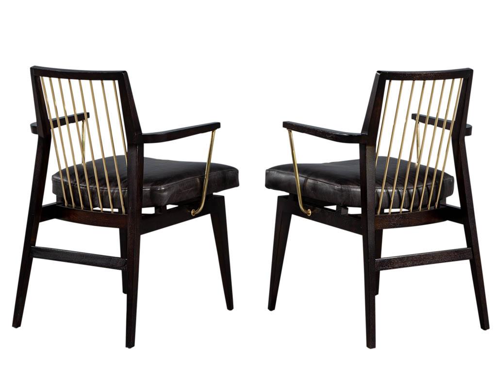 Pair of Mid-Century Modern Vintage Leather Arm Chairs with Brass Accents 2