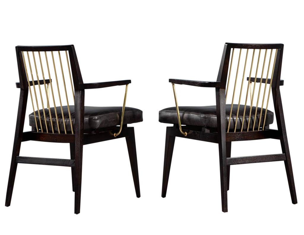 Pair of Mid-Century Modern Vintage Leather Arm Chairs with Brass Accents 3