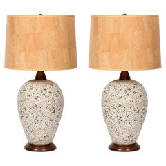 Pair of Mid-Century Modern Volcanic Glazed Ceramic, Walnut & Brass Table Lamps