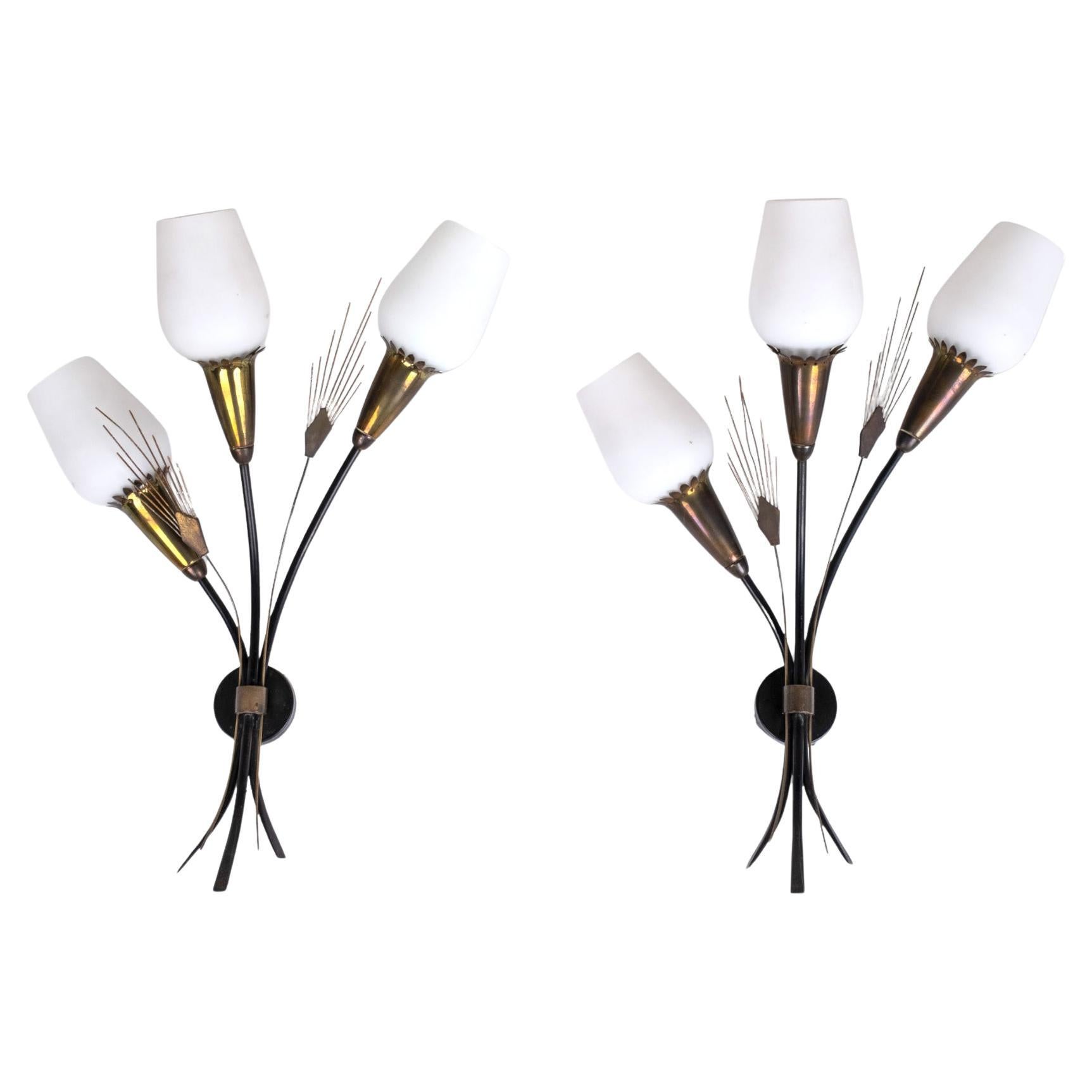 Pair of Mid-Century Modern Wall Lighting Brass and Milk Glass Shade Sconces