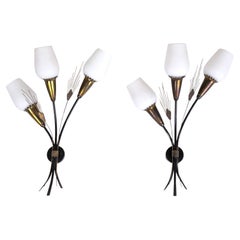 Pair of Mid-Century Modern Wall Lighting Brass and Milk Glass Shade Sconces