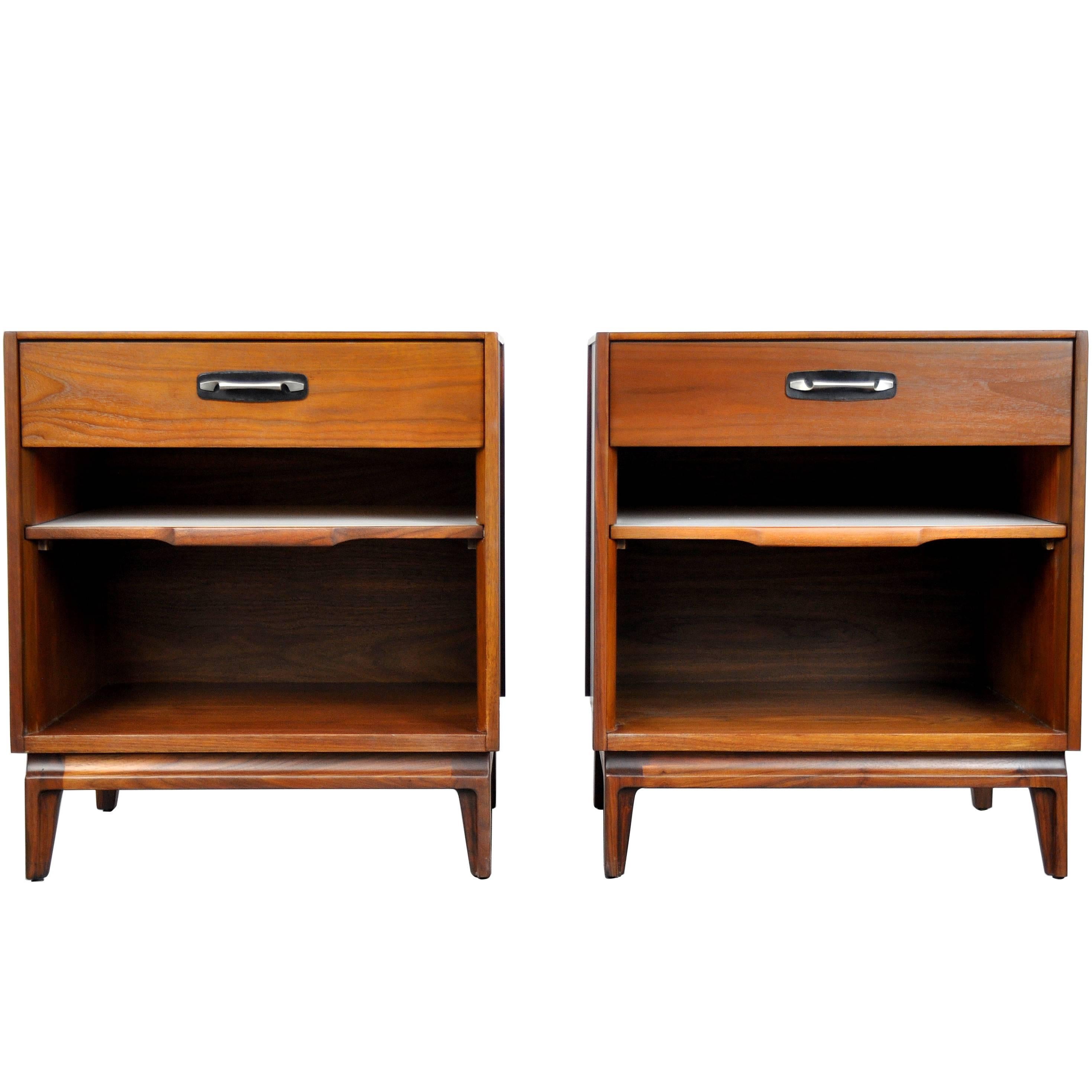 Pair of Mid-Century Modern Walnut, Black Leather and Steel Nightstands