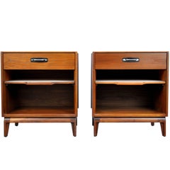 Pair of Mid-Century Modern Walnut, Black Leather and Steel Nightstands