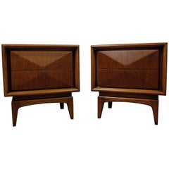 Pair of Mid-Century Modern Walnut 3D Diamond Front Nightstands