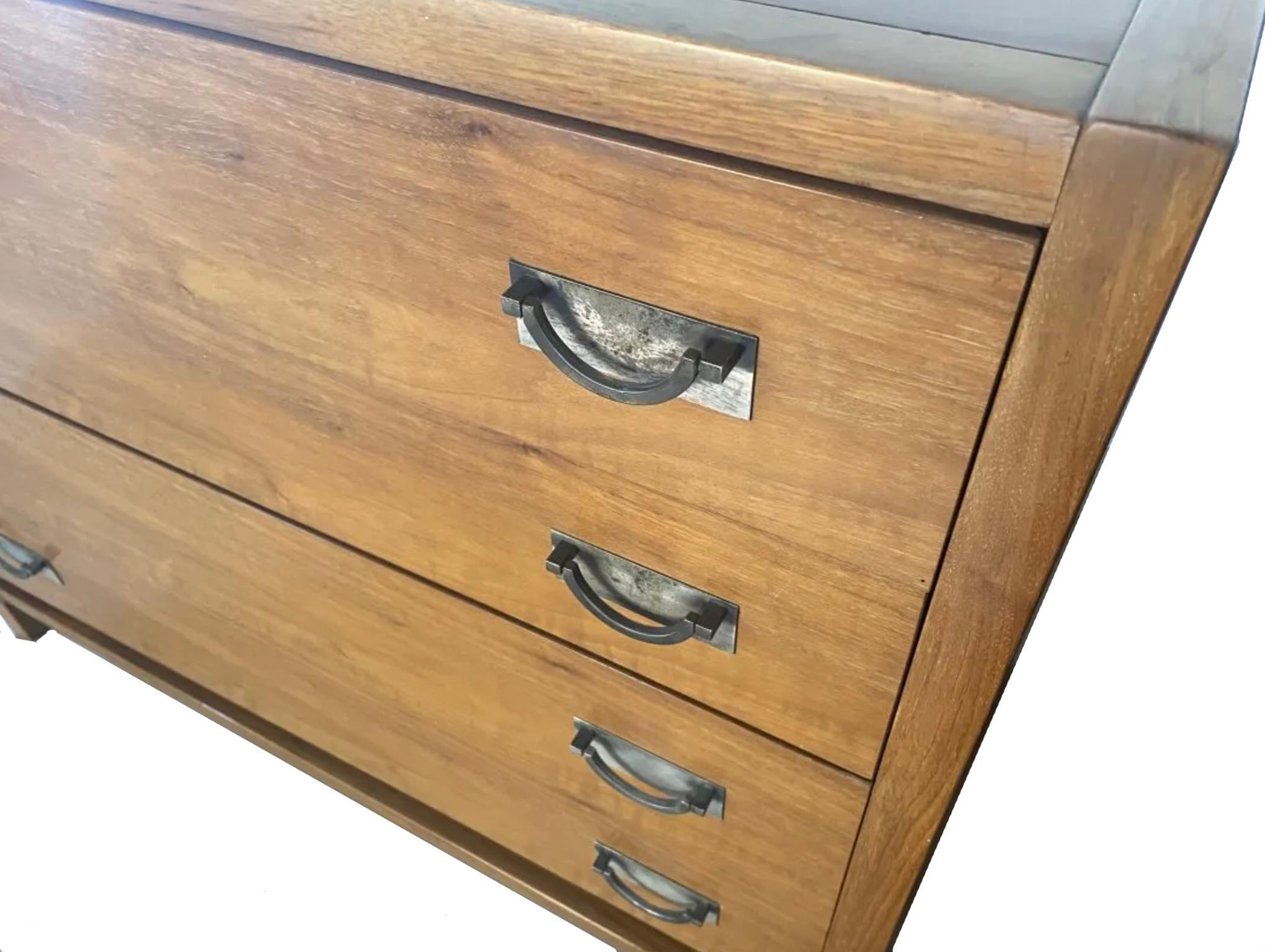 American Pair of Mid Century Modern Walnut 4 drawer Dressers with Nickel pull handles  For Sale