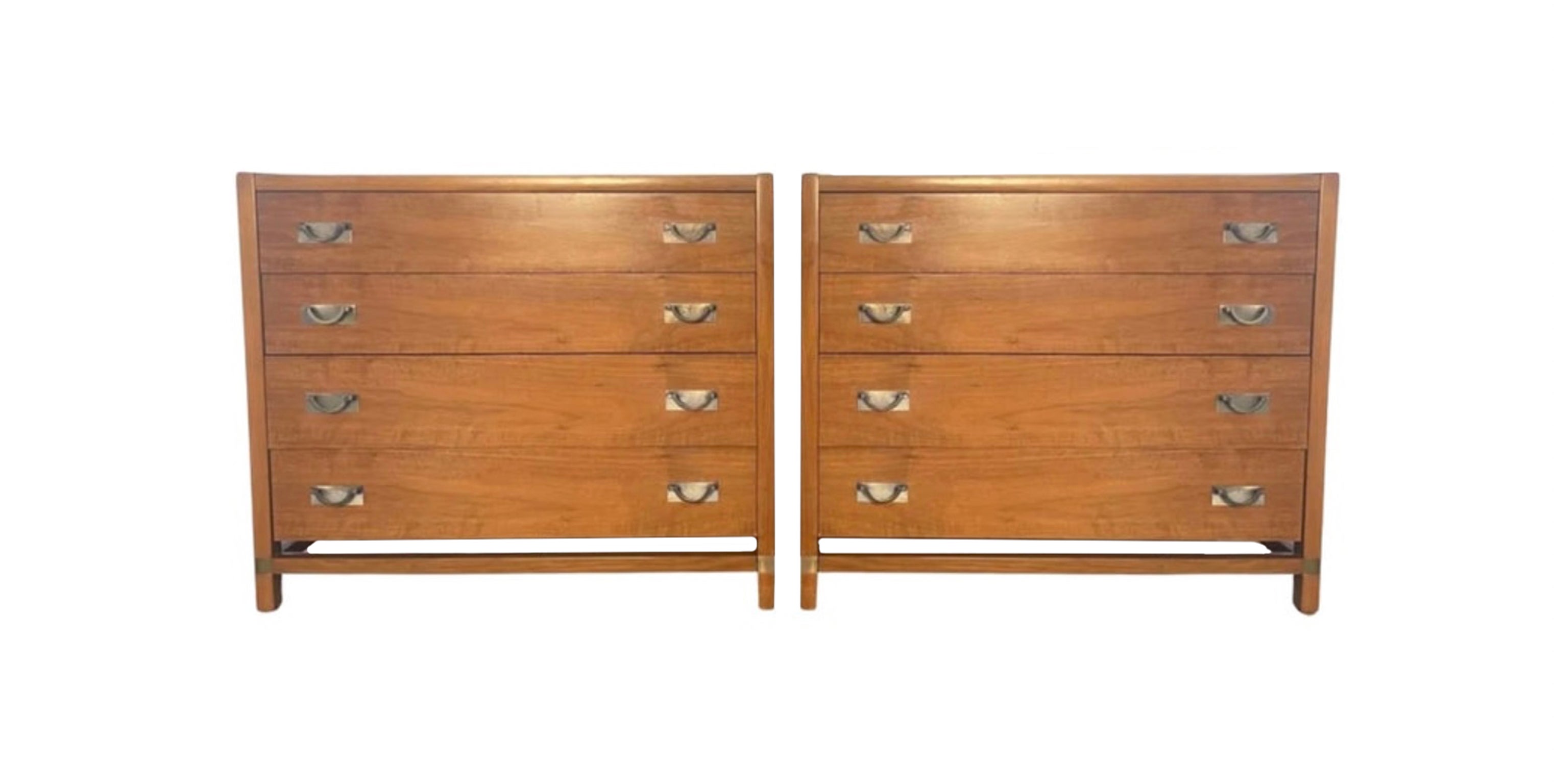 Pair of Mid Century Modern Walnut 4 drawer Dressers with Nickel pull