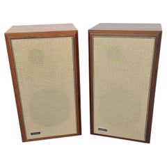 Retro Pair of Mid Century Modern Walnut Advent Audio Speakers with Tan Cloth Fronts