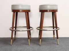 Pair of Mid-Century Modern Walnut and Brass Bar Stools with New Leather Seats