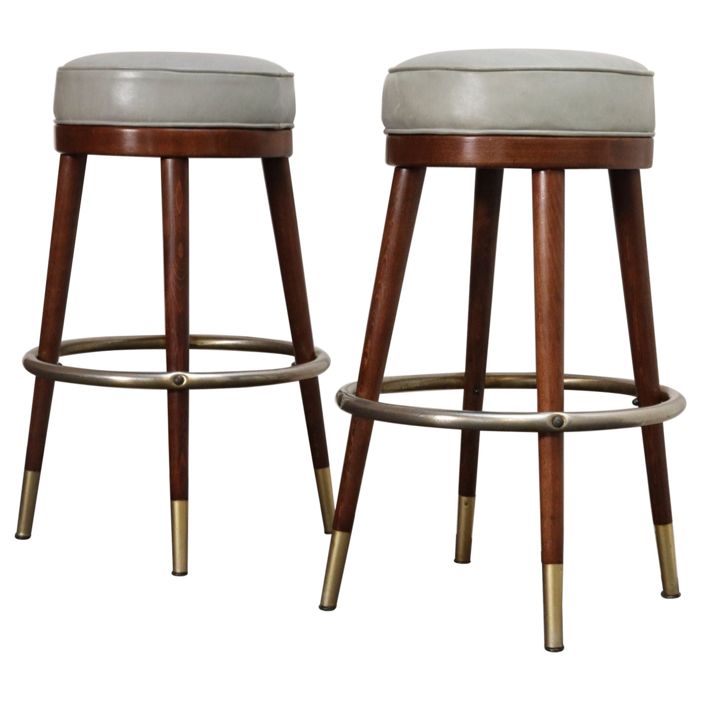 Pair of Mid-Century Modern Walnut and Brass Bar Stools with New Leather Seats