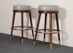 Pair of Mid-Century Modern Walnut and Brass Bar Stools with New Leather Seats