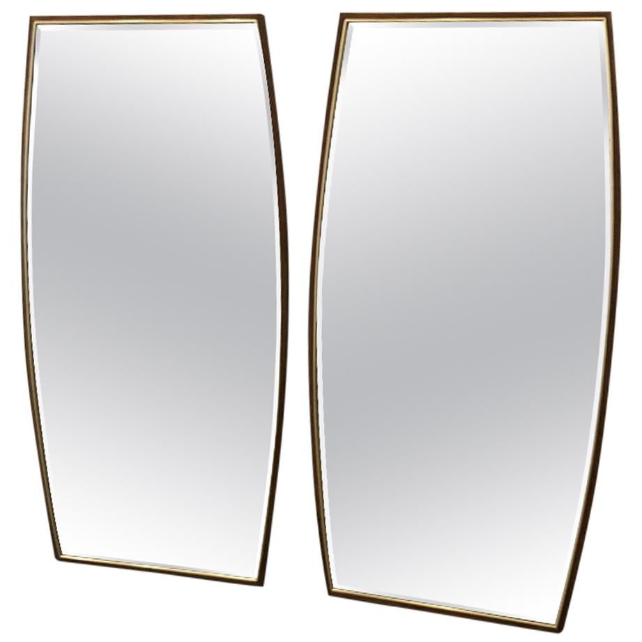 Pair of Mid-Century Modern Walnut and Brass Mirrors