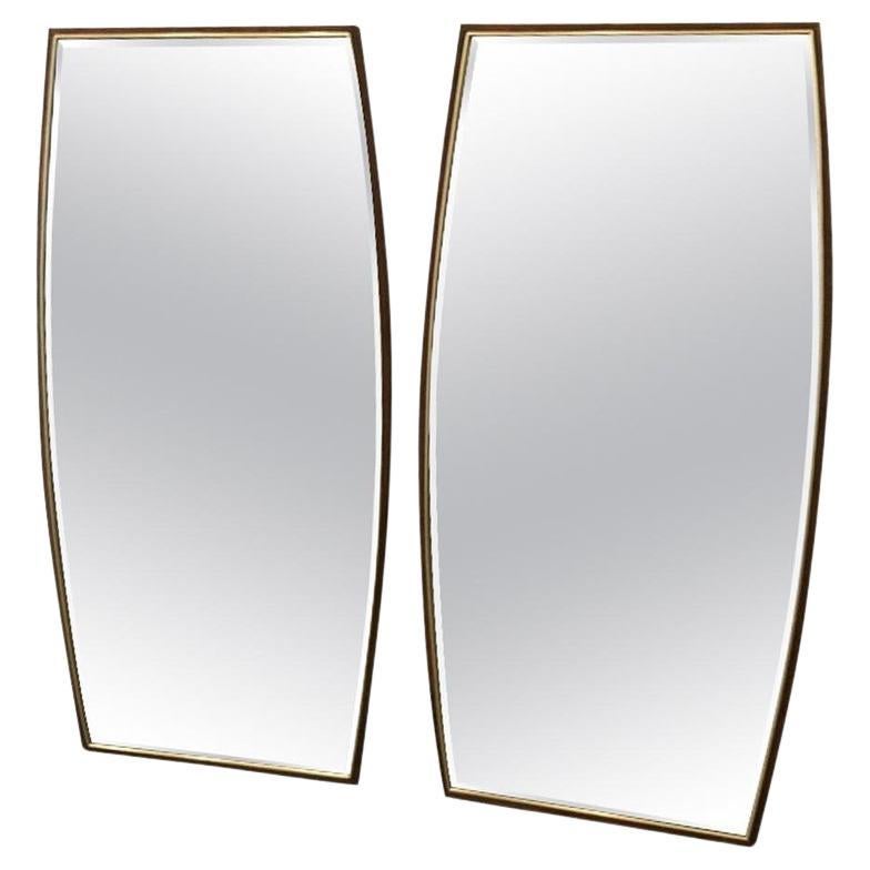 Pair of Mid-Century Modern Walnut and Brass Mirrors For Sale