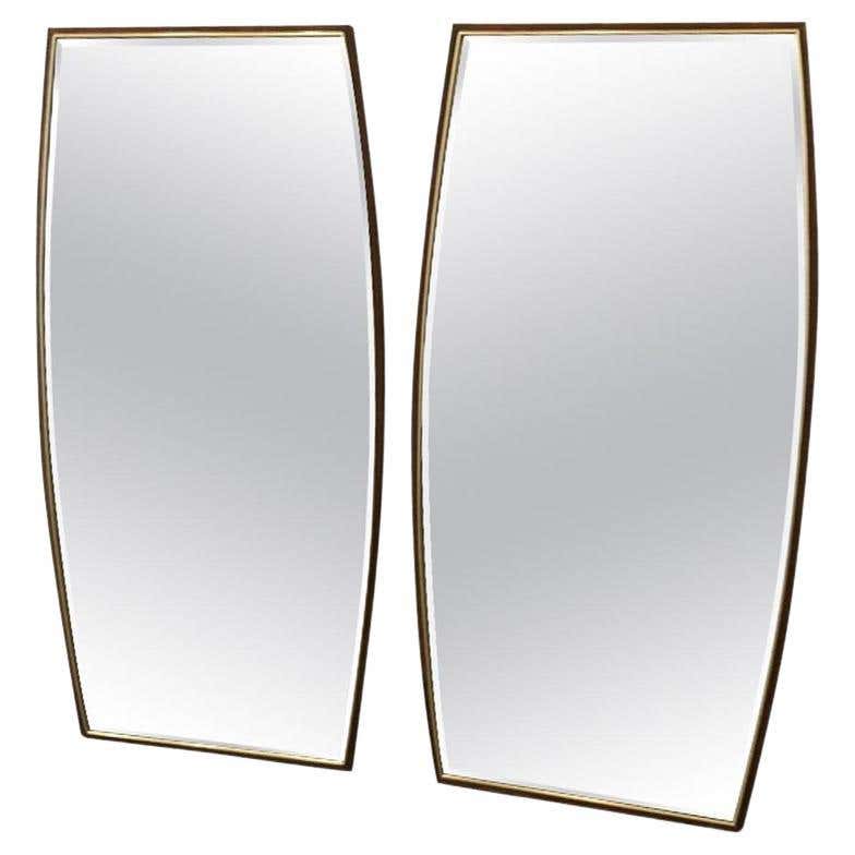 First Quality Mirror Pair of Mid-Century Modern Walnut and Brass Mirrors For Sale at 1stDibs