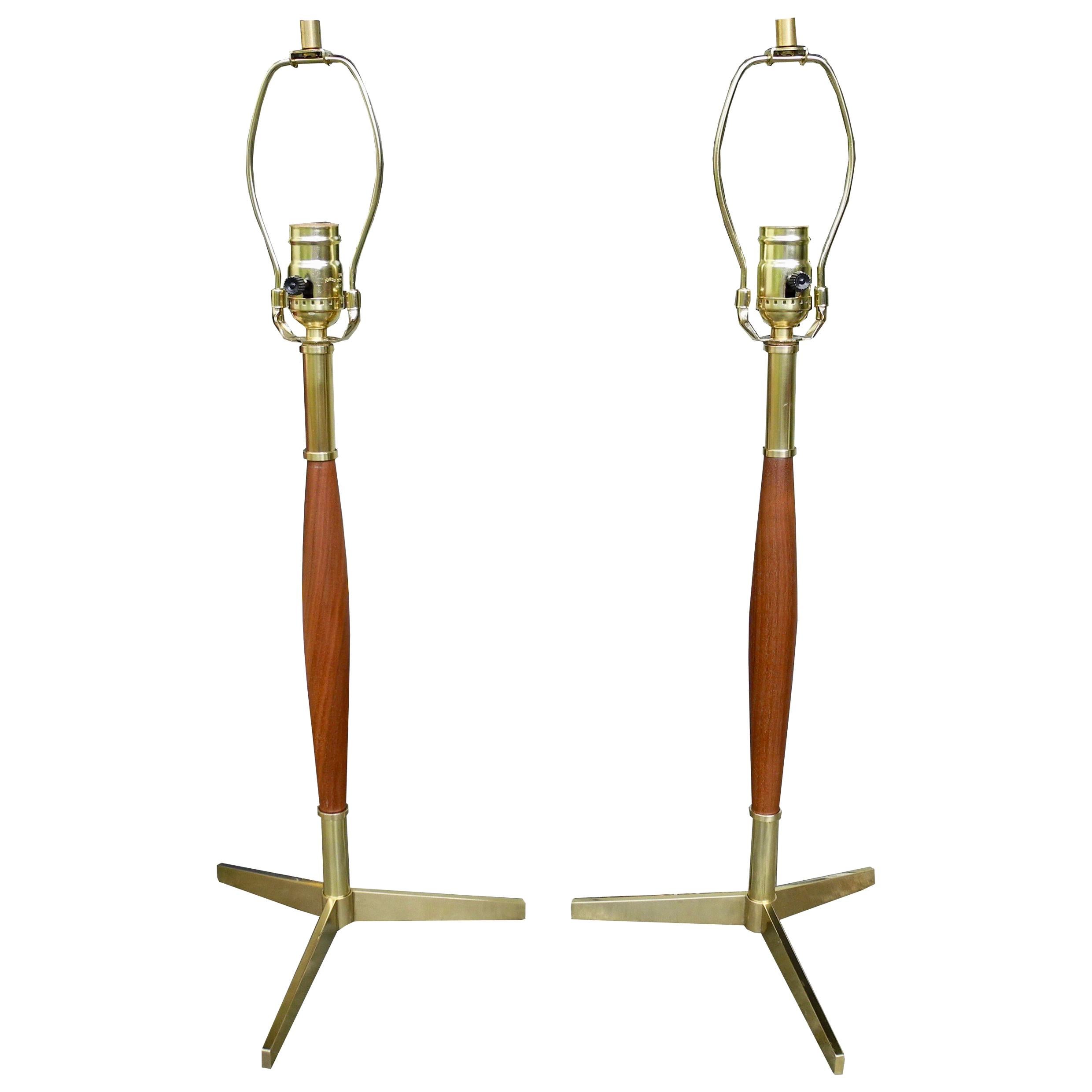 Pair of Mid-Century Modern Walnut and Brass Table Lamps by Gerald Thurston For Sale