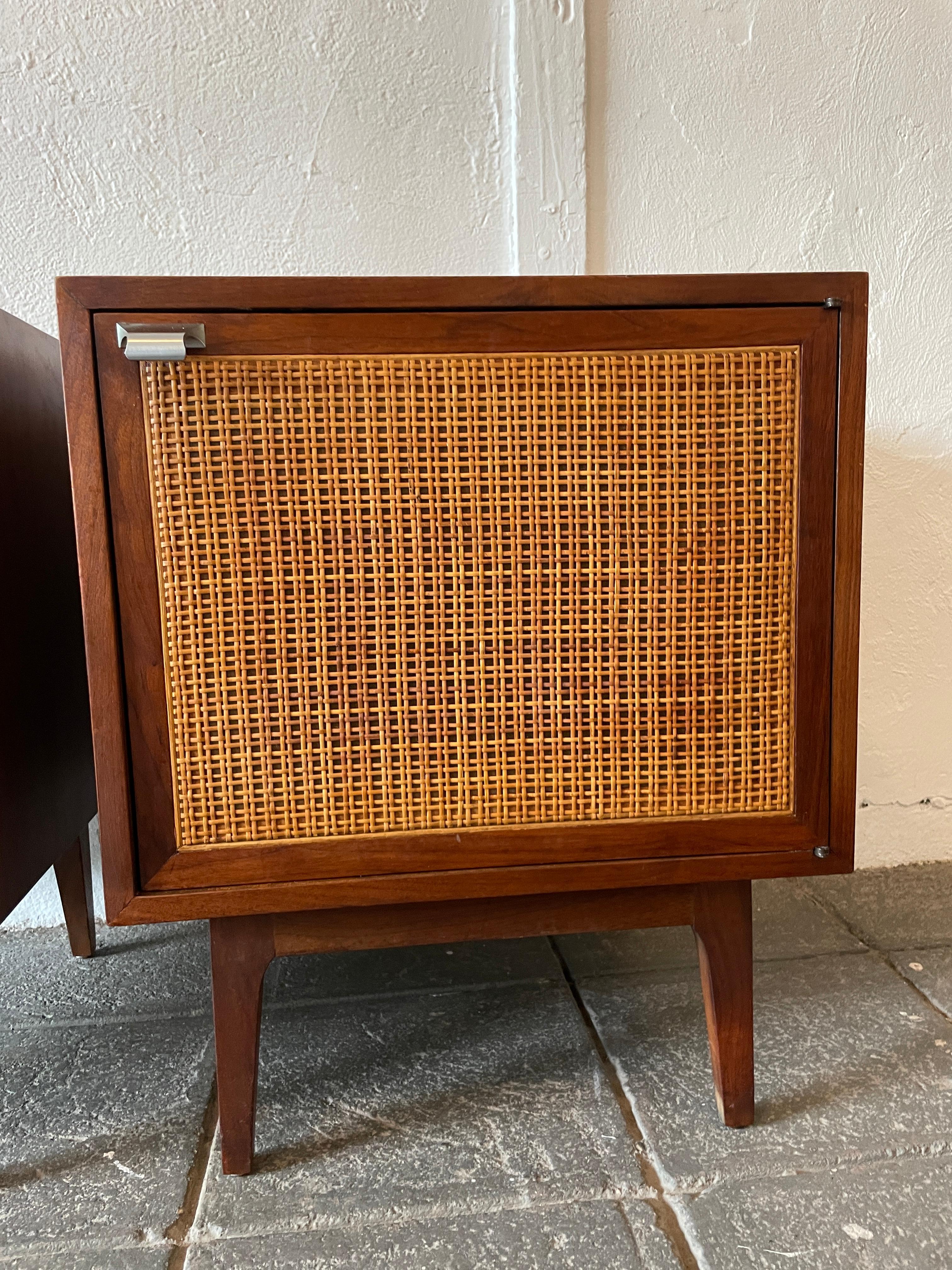Pair of Mid-Century Modern Walnut and Cane Door Nightstands   In Good Condition In BROOKLYN, NY