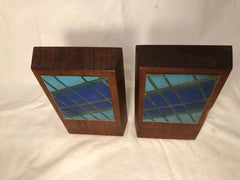 Pair of Mid-Century Modern Walnut and Enamel Bookends by Ernest John
