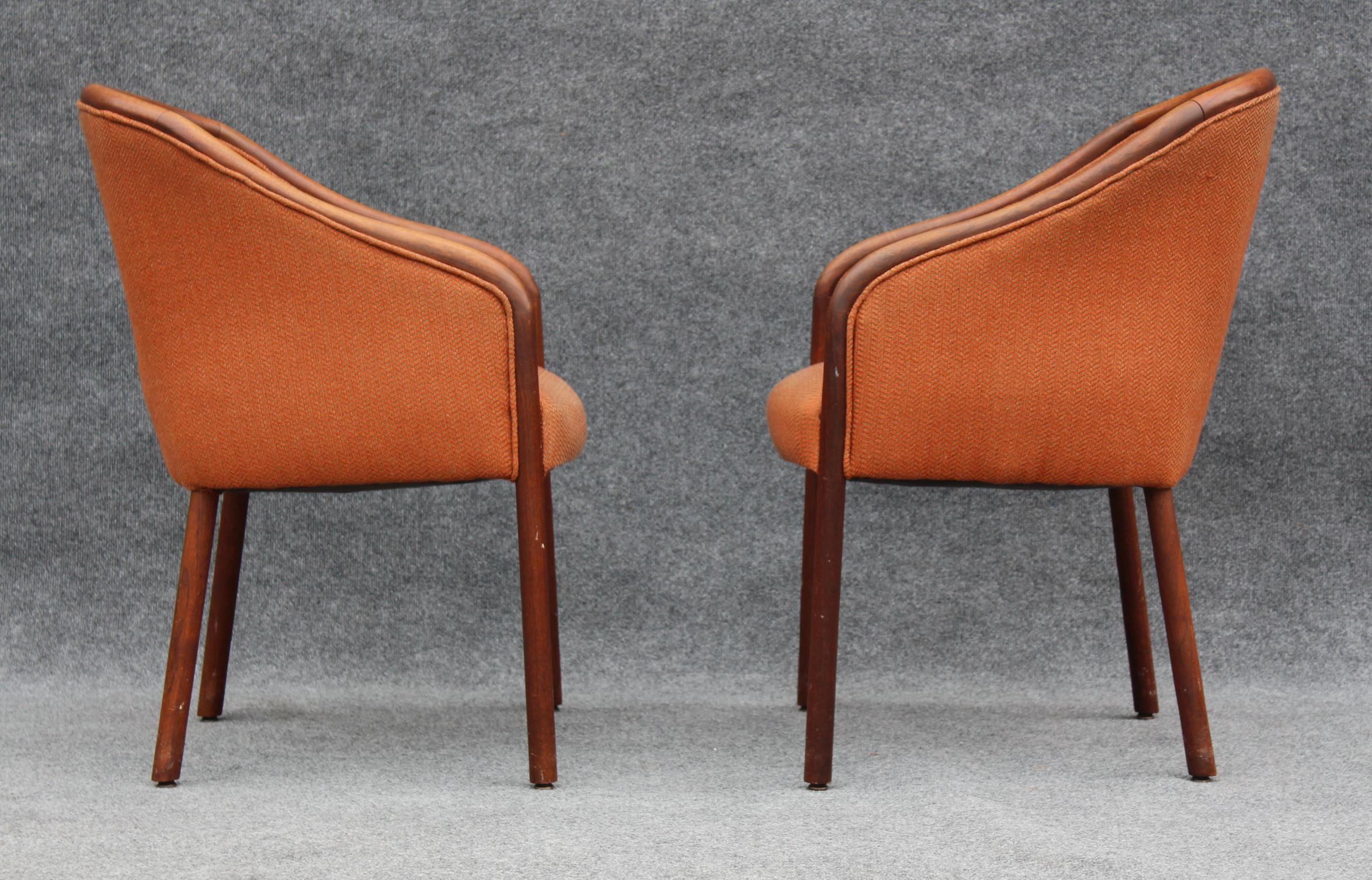 Upholstery Pair of Mid-Century Modern Walnut Armchair Side Chairs After Ward Bennett