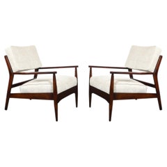 Pair of Mid-Century Modern Walnut Armchairs with Off-White Textural Upholstery