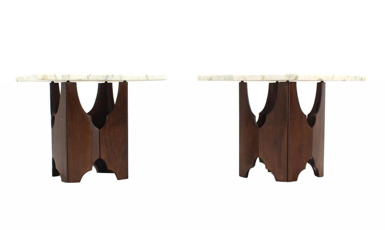 American Pair of Mid-Century Modern Walnut Base Square Marble Top End Side Tables MINT For Sale