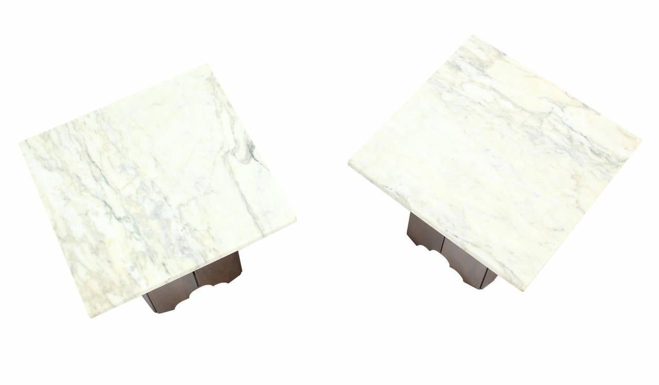Lacquered Pair of Mid-Century Modern Walnut Base Square Marble Top End Side Tables MINT For Sale