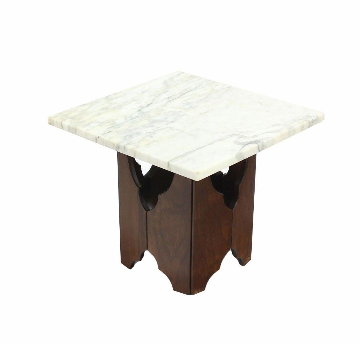 Pair of Mid-Century Modern Walnut Base Square Marble Top End Side Tables MINT In Good Condition For Sale In Rockaway, NJ