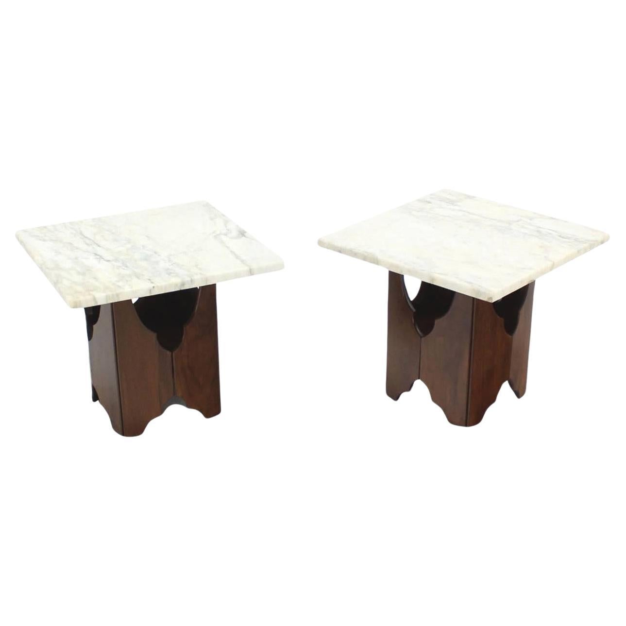 Pair of Mid-Century Modern Walnut Base Square Marble Top End Side Tables MINT For Sale