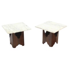 Vintage Pair of Mid-Century Modern Walnut Base Square Marble Top End Side Tables MINT