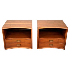 Pair of Mid-Century Modern Walnut & Brass Curved Nightstands by Paul Frankl