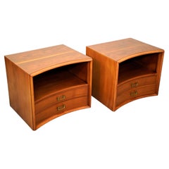 Pair of Mid-Century Modern Walnut & Brass Curved Nightstands by Paul Frankl Pair of Mid-Century Modern Walnut & Brass Curved Nightstands by Paul Frankl