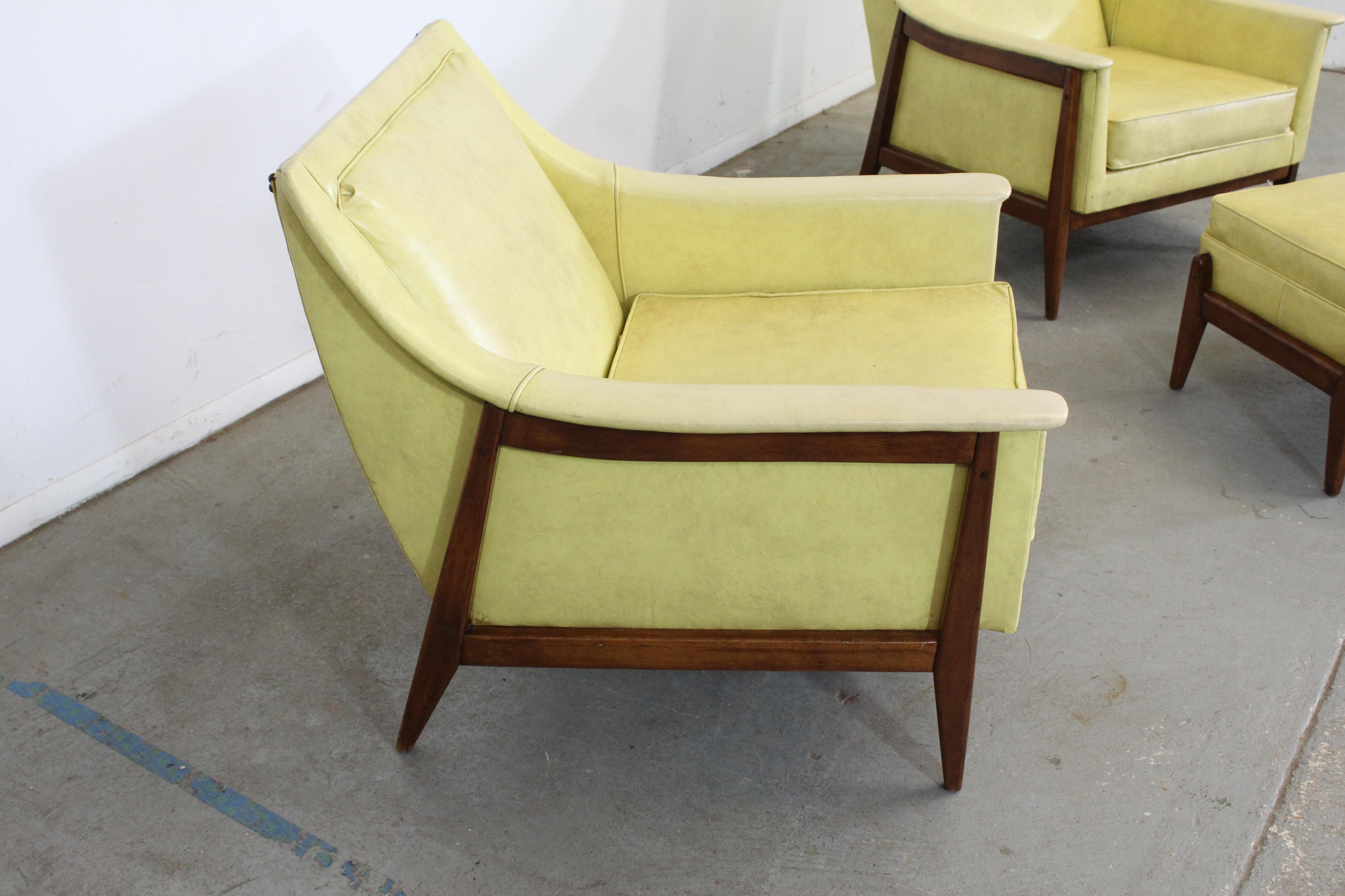 20th Century Pair of Mid-Century Modern Walnut Frame His/Her Lounge Chairs with Ottoman