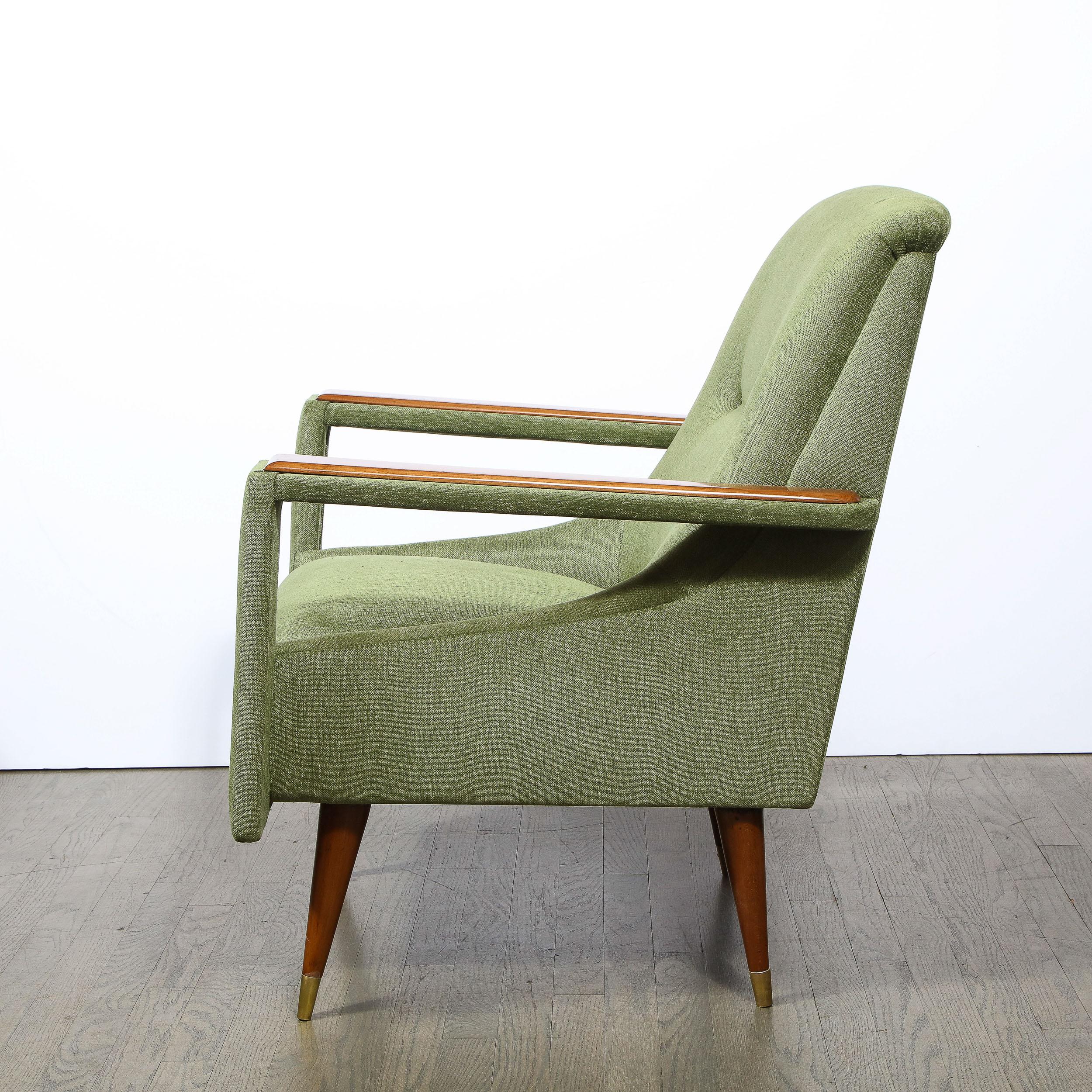 American Pair of Mid-Century Modern Walnut & Moss Green Upholstery Arm Cutout Chairs