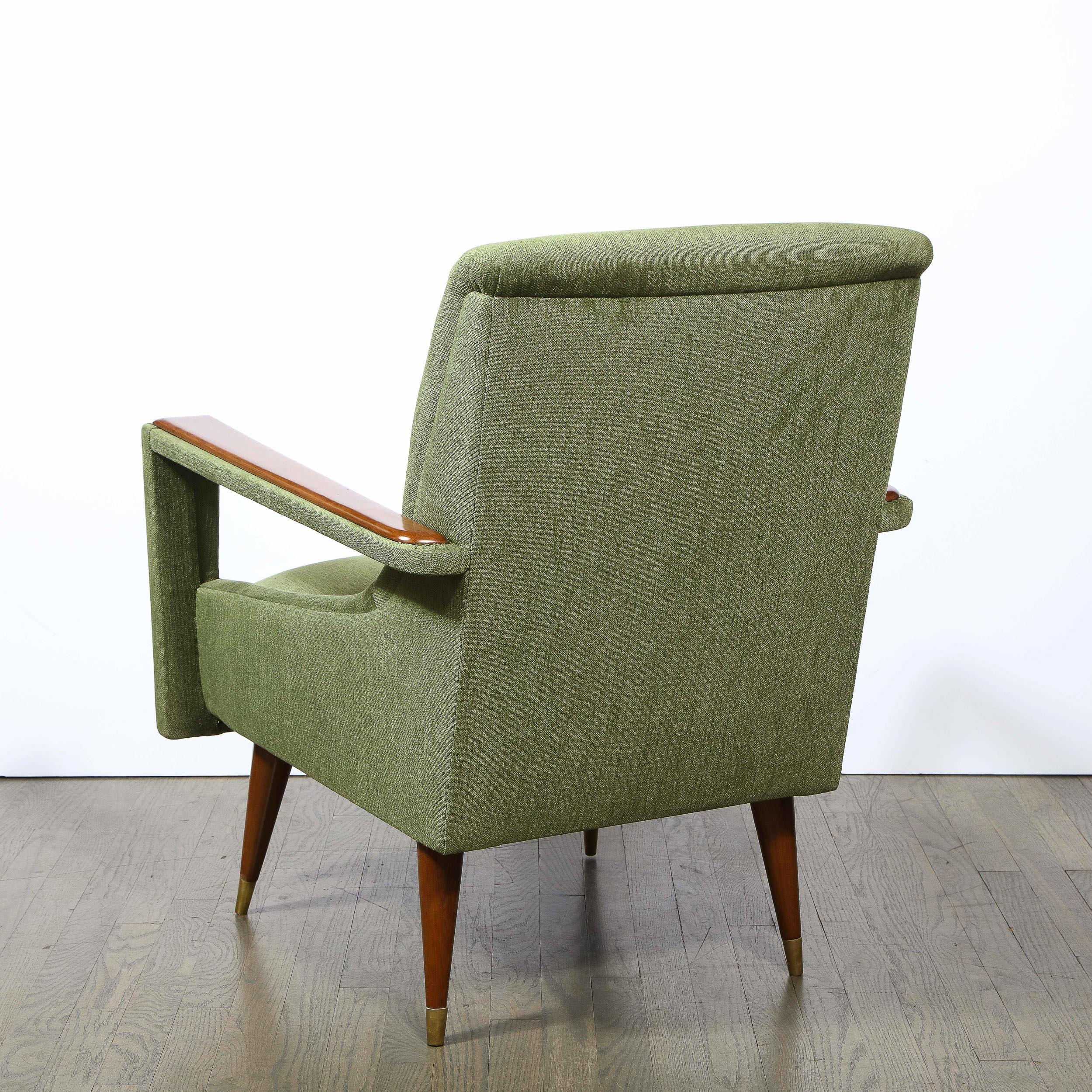 Pair of Mid-Century Modern Walnut & Moss Green Upholstery Arm Cutout Chairs In Excellent Condition In New York, NY