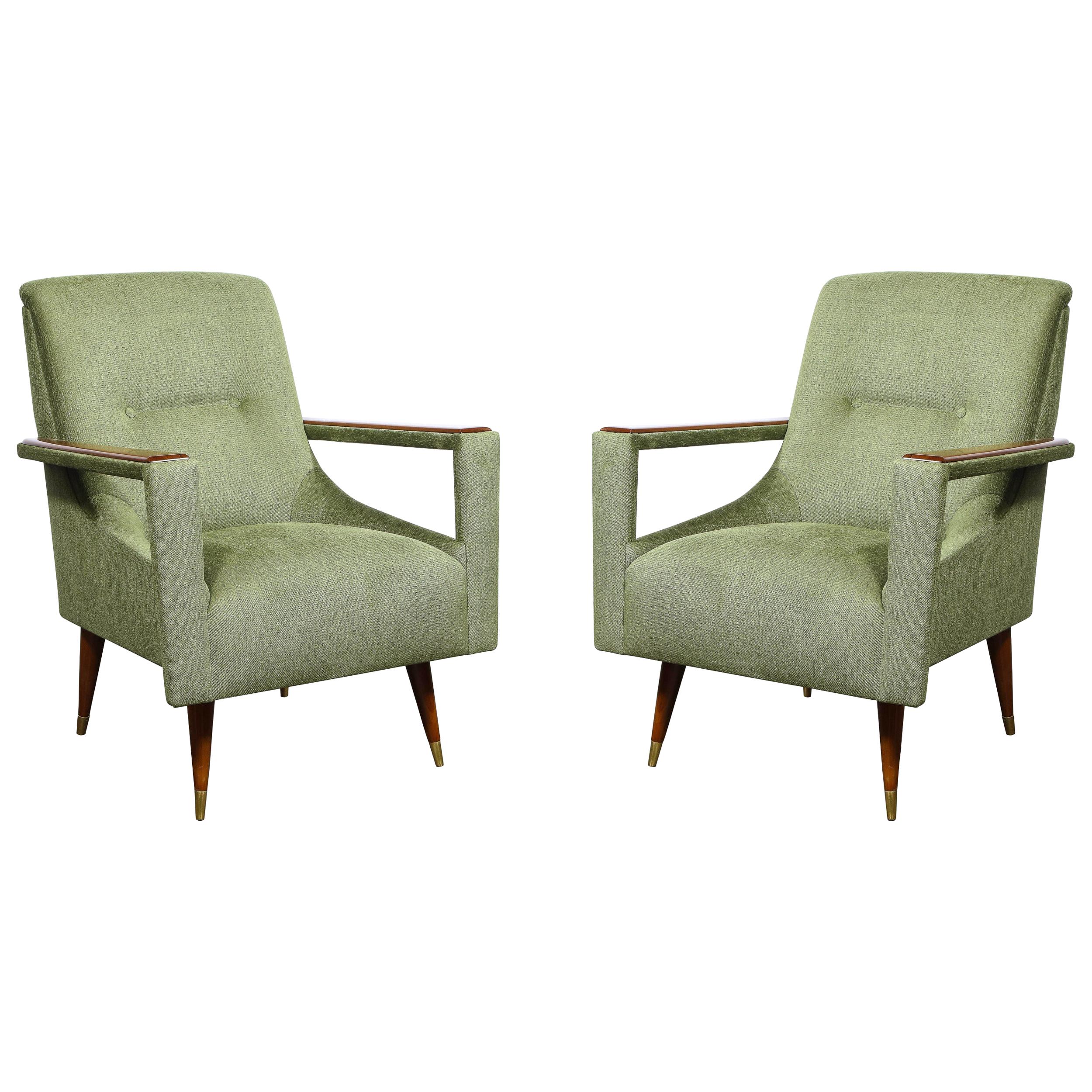Pair of Mid-Century Modern Walnut & Moss Green Upholstery Arm Cutout Chairs