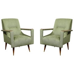 Pair of Mid-Century Modern Walnut & Moss Green Upholstery Arm Cutout Chairs