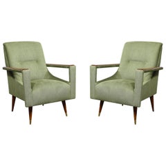 Pair of Mid-Century Modern Walnut & Moss Green Upholstery Arm Cutout Chairs