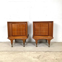 Pair of Mid-Century Modern Walnut Nightstands with Sculpted Base