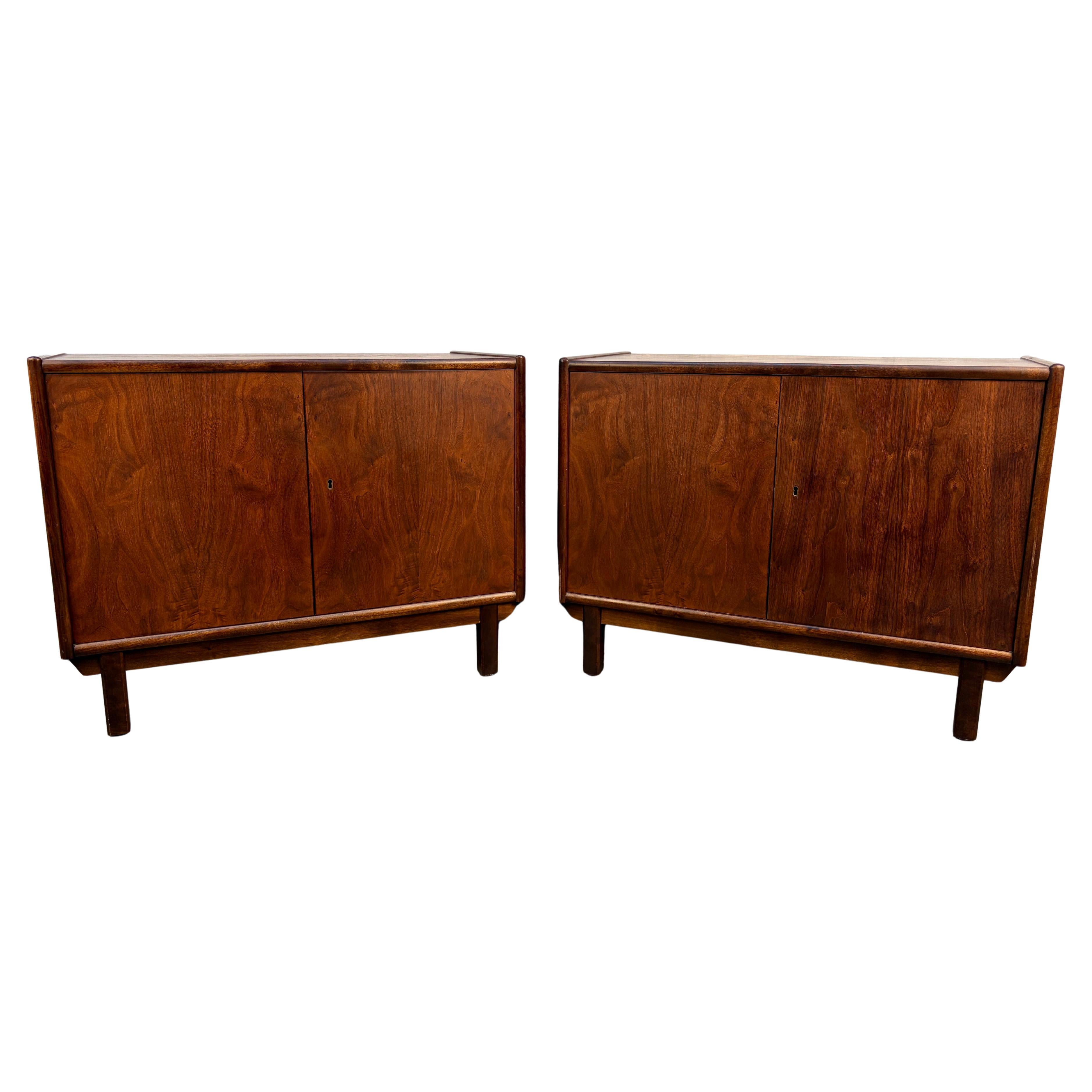 Pair of Mid-Century Modern Walnut Locking Cabinets