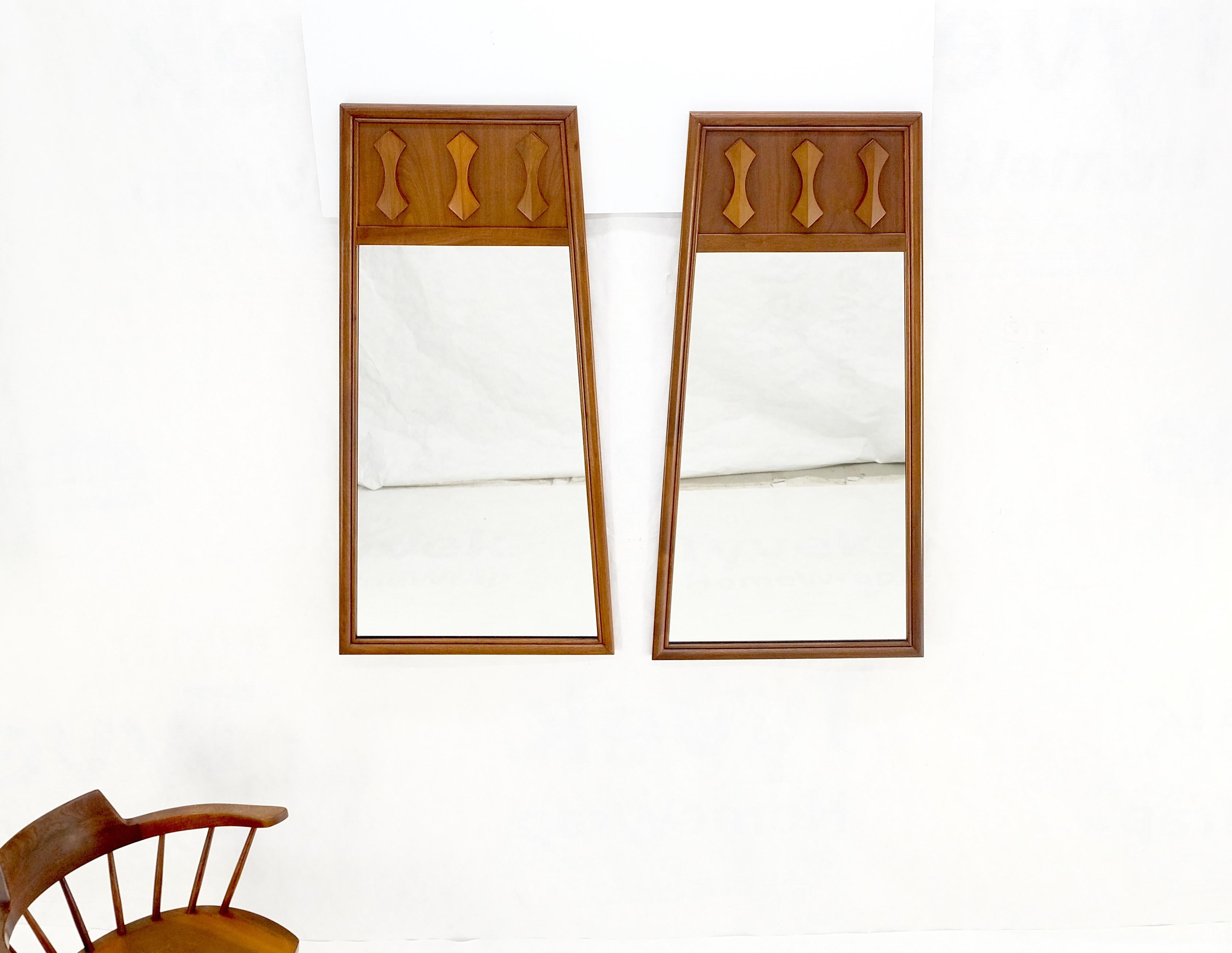 20th Century Pair of Mid Century Modern Walnut Pyramid Shape Walnut Wall Mirrors MINT! For Sale