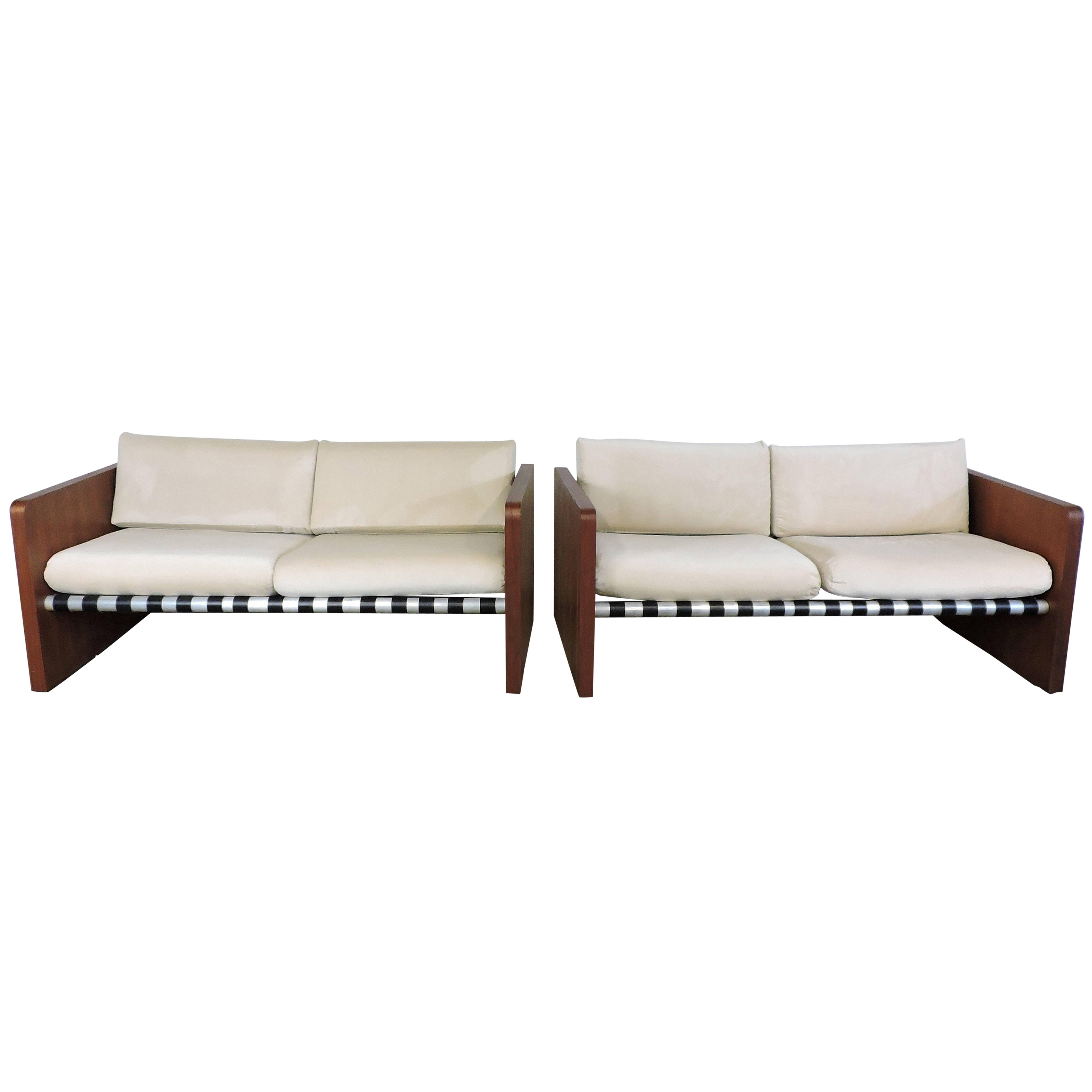 Pair of Mid-Century Modern Walnut Sling Sofas by Founders