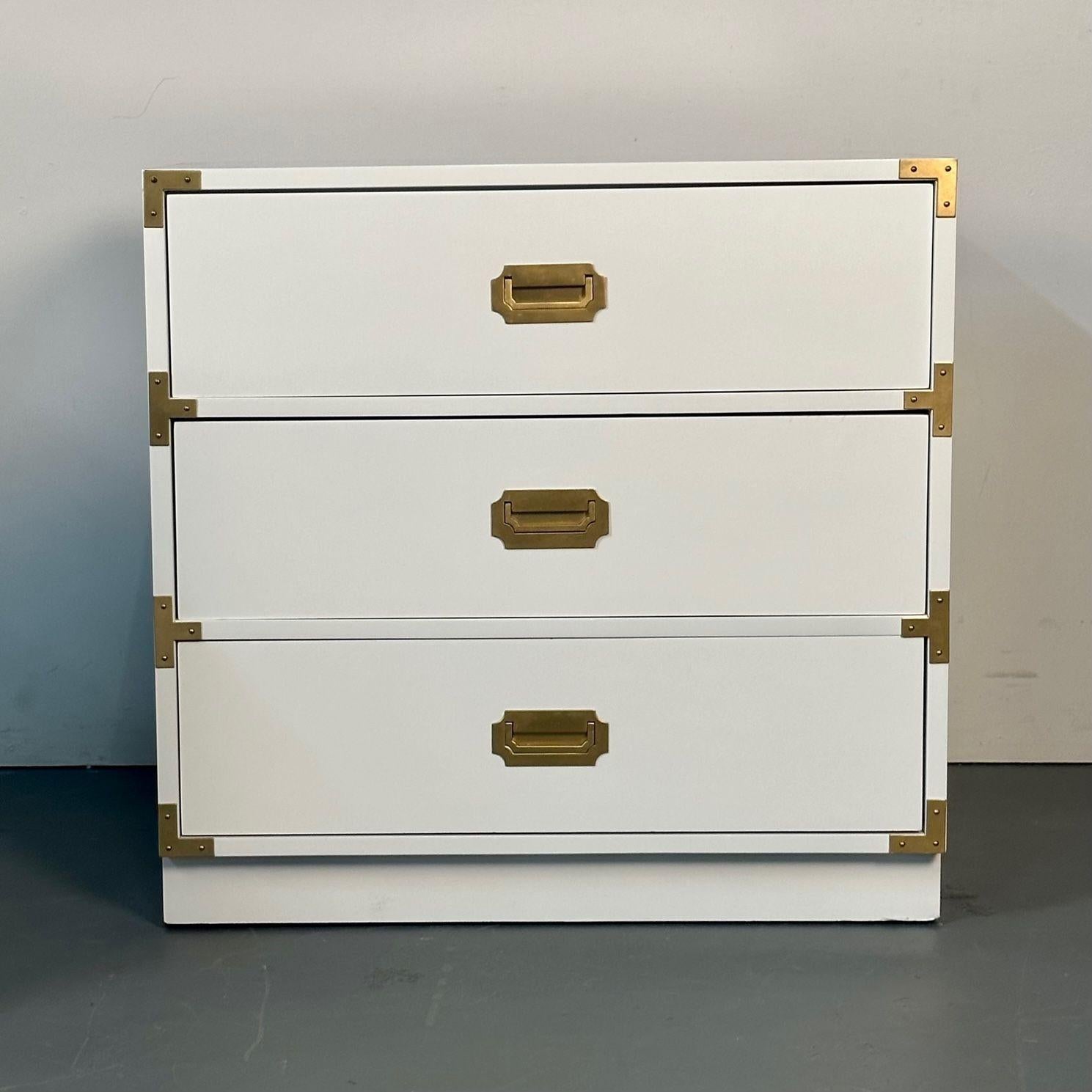 Pair of Mid-Century Modern White Campaign Dressers / Nightstands, Brass Accent 6