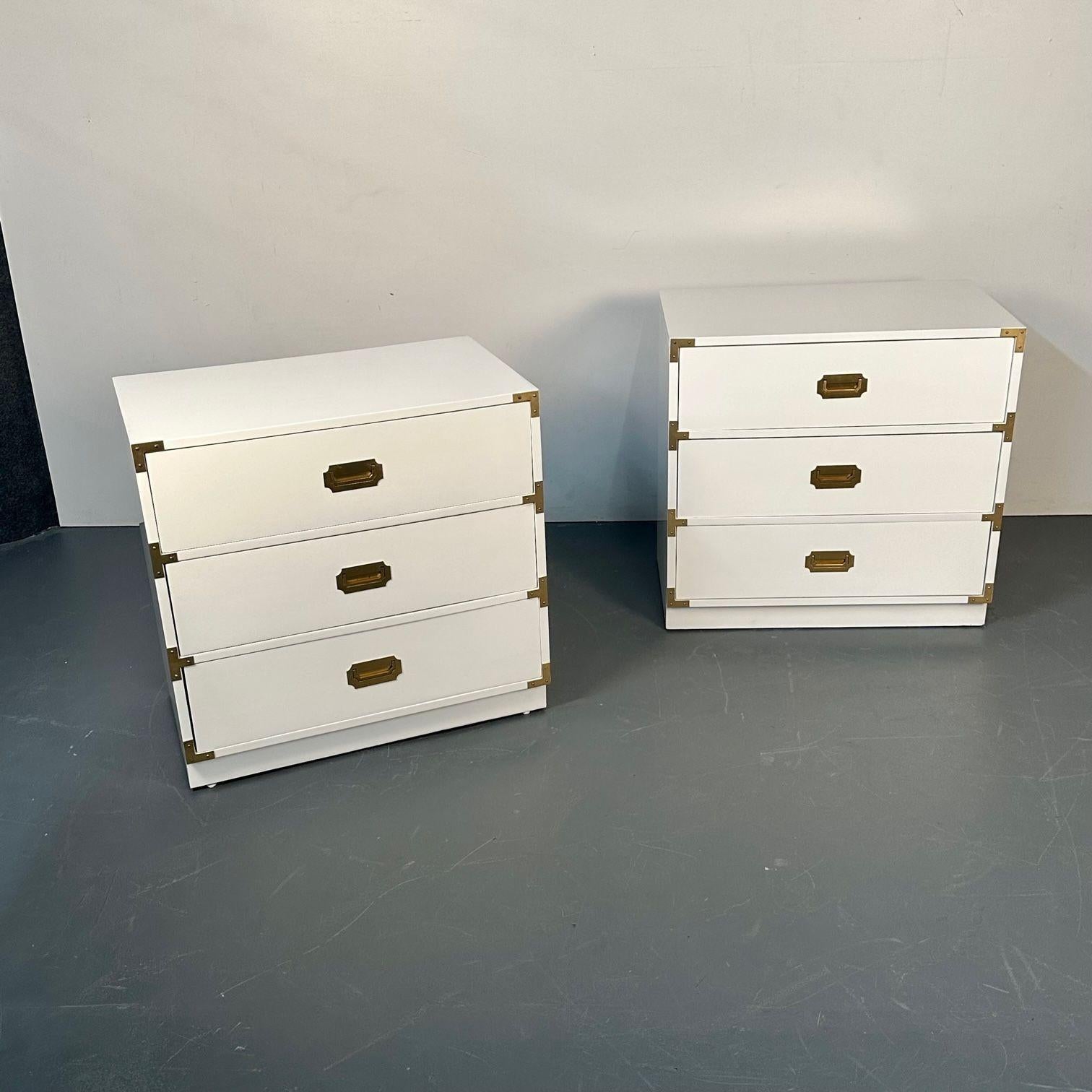 Pair of Mid-Century Modern White Campaign Dressers / Nightstands, Brass Accent 7